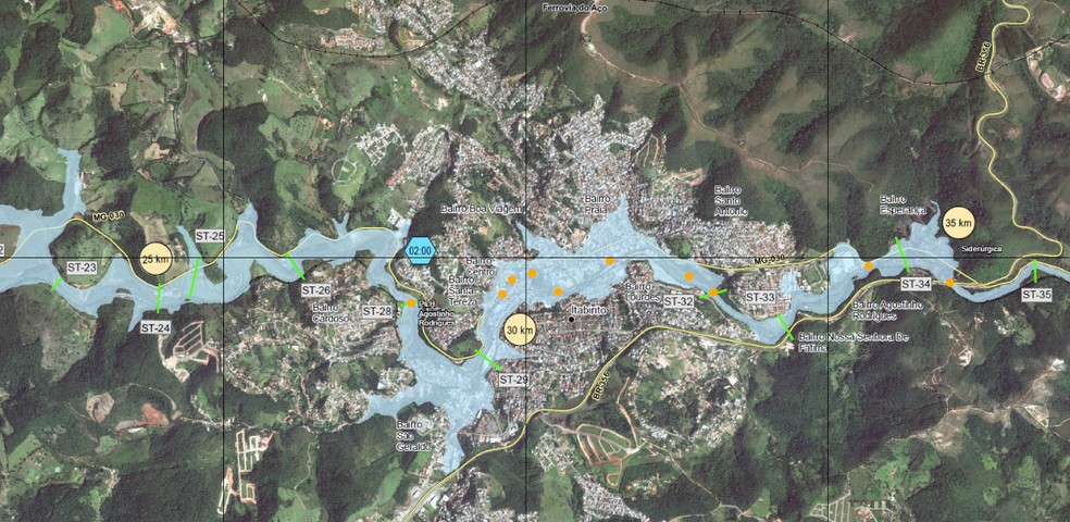 Mapa simula caminho dos rejeitos em caso de rompimento das barragens Forquilha I II e III Foto Ministrio PblicoDivulgao